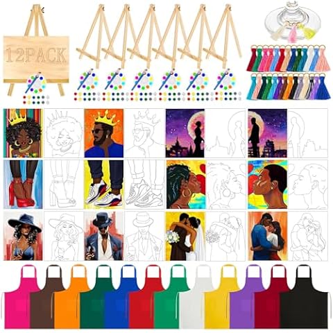 Xtinmee 12 Sets Paint and Sip Kit for Adults Pre Drawn Canvas Sip and Paint Party Supplies Pre Drawn Stretch Canvas Kit for Couple Date Party Cover