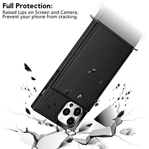 Vofolen Compatible With Iphone 12 Wallet Case Iphone 12 Cover With Credit Card Holder Lanyard Crossbody Strap Leather Magnetic Clasp Kickstand Heavy Duty Protective Square Flip Cover Black #TOP5