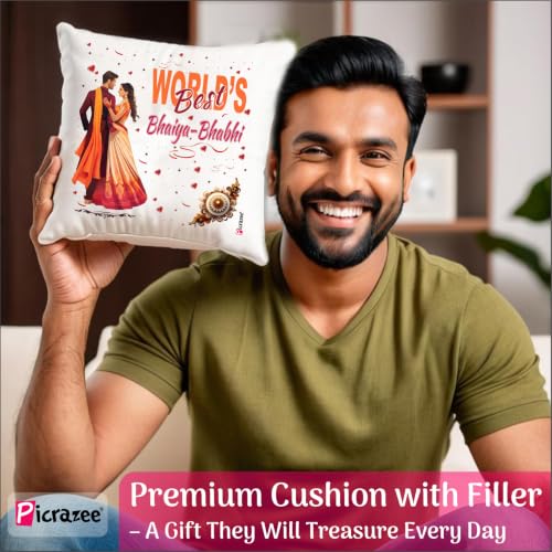 Image of PICRAZEE Raksha Bandhan Gift Combo for Bhaiya Bhabhi with Rakhi, Cushion, Mug, F-Magnet, G-Card and Trophy