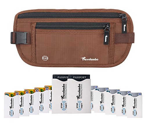 Travelambo Money Belt RFID Blocking Travel Wallet Passort Holder With Bonus RFID Sleeves Minimalist Wallet (RFID sleeves brown)