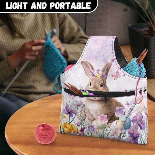 Image of KUIFORTI Cute Bunny Yarn Bag Easter Crochet Tote Bag Floral Yarn Storage Bag Organizer Travel Wrist Bag Lightweight Yarn Tote Bags for Crocheting on The Go Gifts for Mom Outdoors