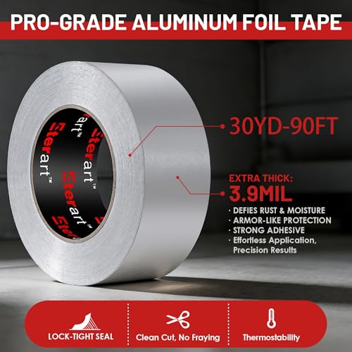Image of ETERART Aluminum Foil Duct Tape, High-Temp Seal for HVAC,2 inch x 30Yds | Heavy Duty, Patching,Air Ducts,Metal Repair, Foamboard,Insulation,Dryer Vent and More,Silver, easy to apply, residue-free