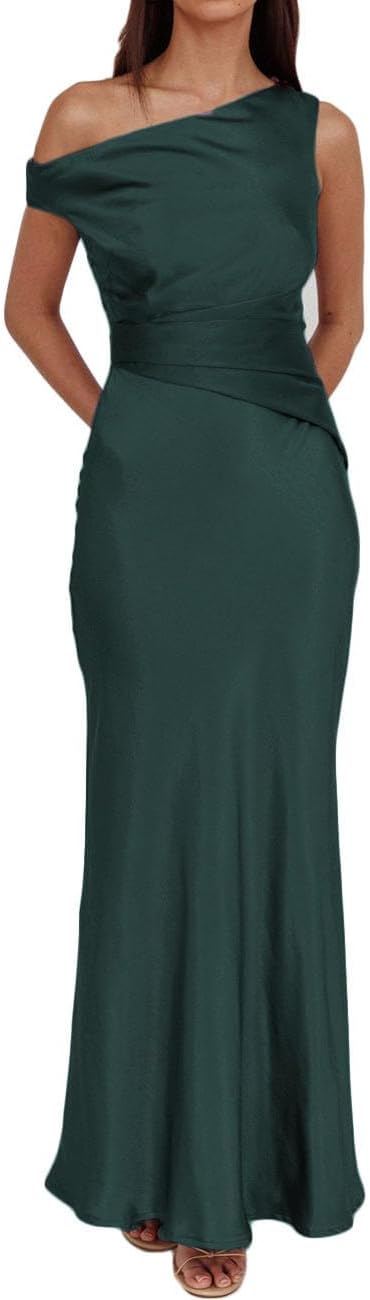 Women's Summer Elegant Satin Off Shoulder Sleeveless Maxi Dress Formal Cocktail Wedding Guest Long Dresses