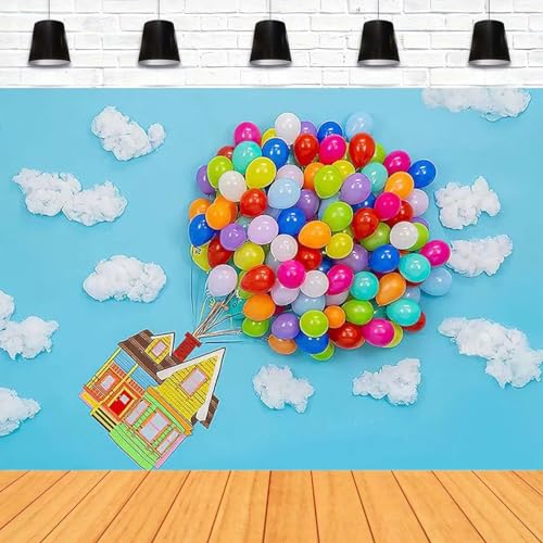 Adventure Up Up and Away Balloon Blue Sky White Cloud Birthday Party Decor Backdrop Girls Boys Adventure Begins Background Colorful Balloons House Photography Background Photo Studio (7X5FT)