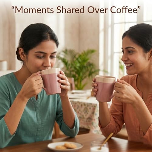 Image of The Earth Store Pink Beige Flow Coffee Mug with Lid and Spoon Set of 2 | 340ML Ceramic Coffee Mugs Set of 2 | Resin Art Wooden Lid & Golden Spoon | Premium Coffee Mugs for Gift