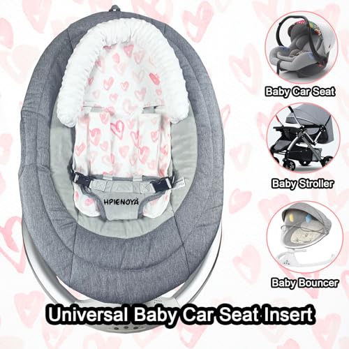 Image of Baby Car Seat Head Support Cushion and Strap Cover for Girls - Infant Carseat Insert Support Soft Minky Newborn Headrest Seatbelt Covers for Car Seat,Stroller,Bouncer,Pink Love