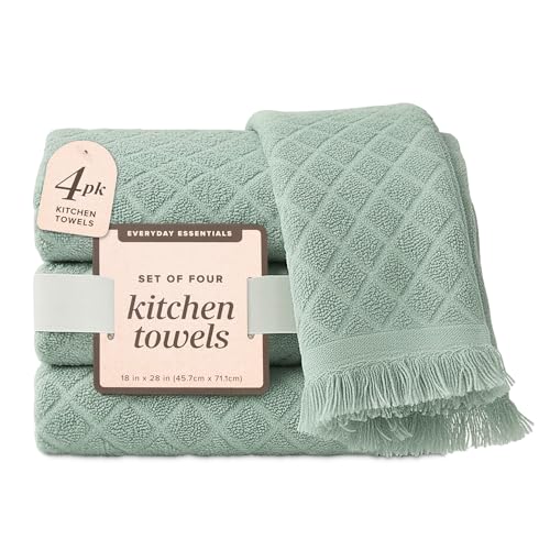 MosJos Kitchen Towels, Set of 4 Hand Towels, Blue Diamond Pattern Drying Towels 18 x 28 Super Absorbent Cotton Hand Cloths with Fringed Edges, Everyday Essentials Kitchen Linens