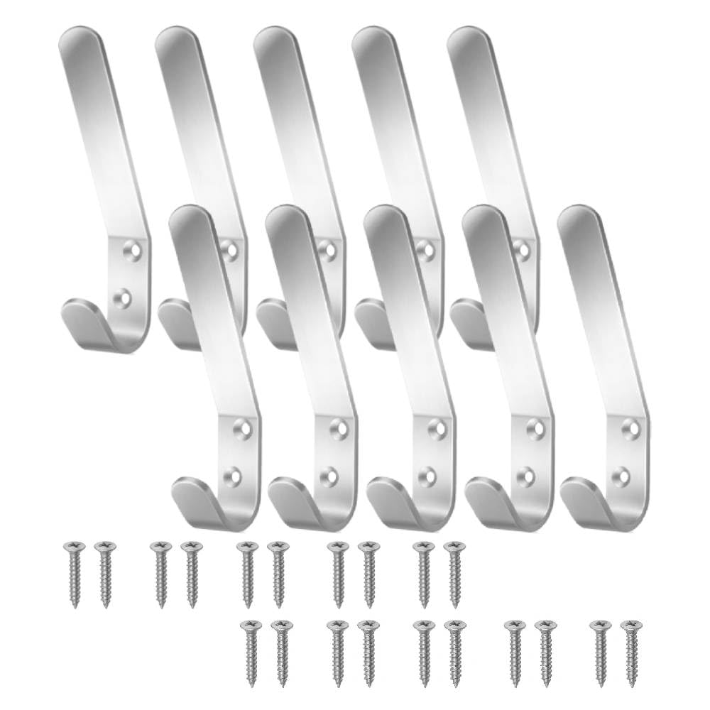 Aluminum Double Hat and Coat Hanger Hooks with Fixing Screws Pack of 10