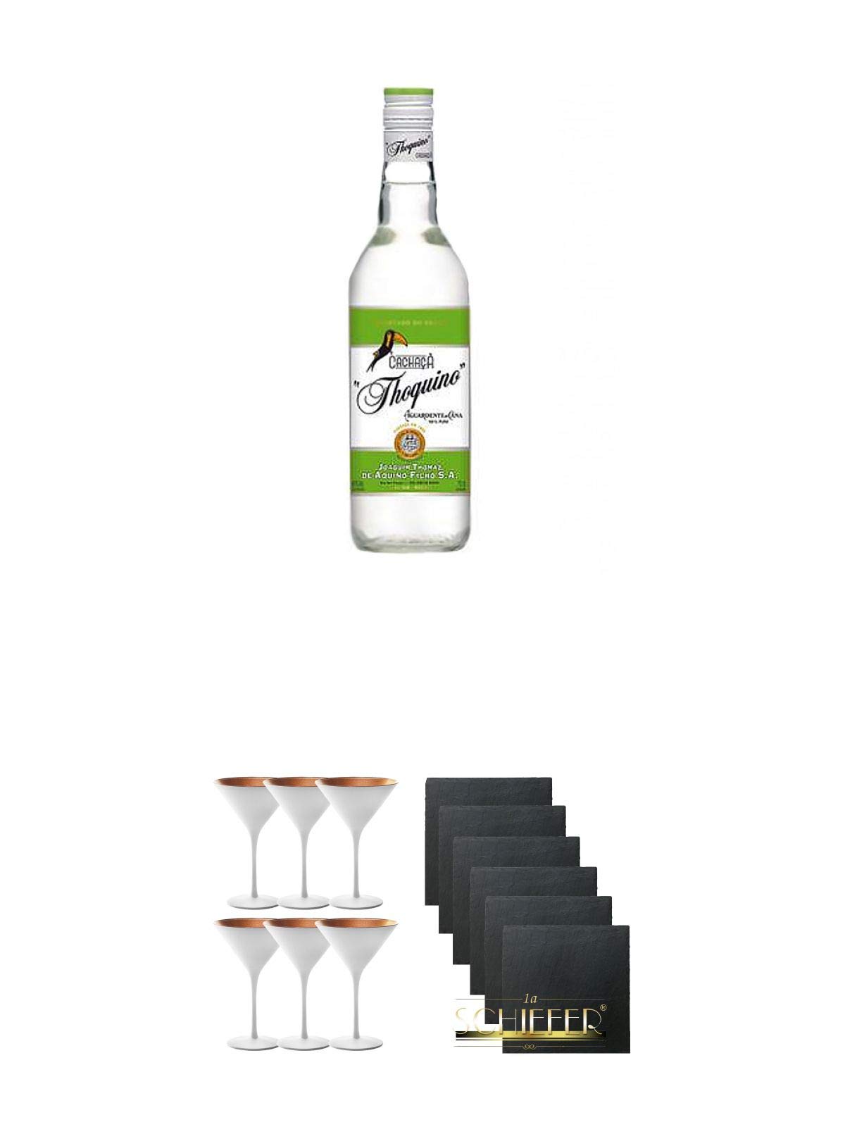 Thoquino Cachaca 1,0 Liter + Stölzle Cocktail-und Martiniglas Olympic Serie 6 Gläser - 1408825 + Schiefer Glasuntersetzer eckig 6 x ca. 9,5 cm Durchmesser