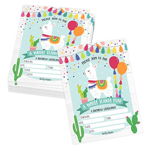 Image of Hadley Designs Kids Birthday Invitations For Boys and Girls Mexican Theme - 25 Llama Birthday Party Invitations For Boys, Fiesta Invites For Girls, Cute Alpaca Cactus Party Supplies, Made In USA
