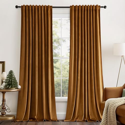 Image of MIULEE Fall Golden Brown Velvet Blackout Curtains Pinch Pleat 52 inch Wx96 L | 2 Panels,Luxury,Thermal Insulated,Super Soft,Back Tab & Rod Pocket,for Bedroom Living Room