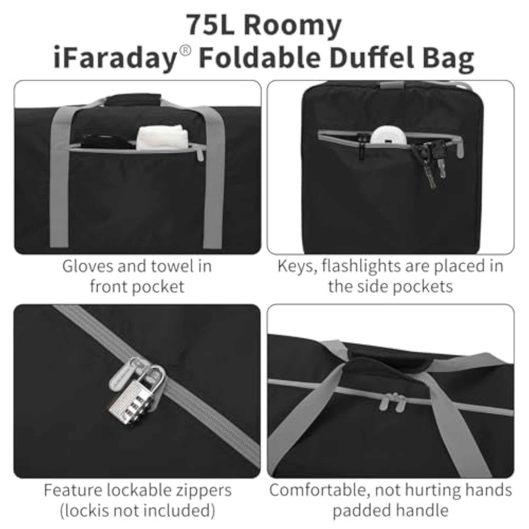75L Foldable Duffle Bag, Black
