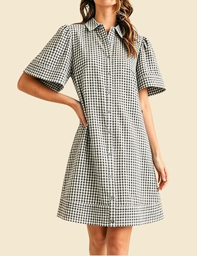 Image of Womens Short Sleeve Button Down Mini Shirt Dress Lapel Collar Short Dresses with Pocket