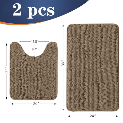 Image of OLANLY Bathroom Rugs Sets 2 Piece, Soft Absorbent Chenille Bath Mats and U-Shaped Contour Toilet Mat Area Rug Set, Machine Washable Bath Carpet, Home Decor Accessories(36 inchx24 inch+24 inchx20 inch, Tan)