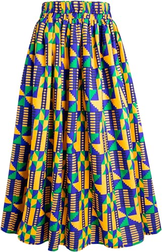 Women's African Print Long Skirt Kente Wax Maxi Skirts with Pockets Head Wrap Set2