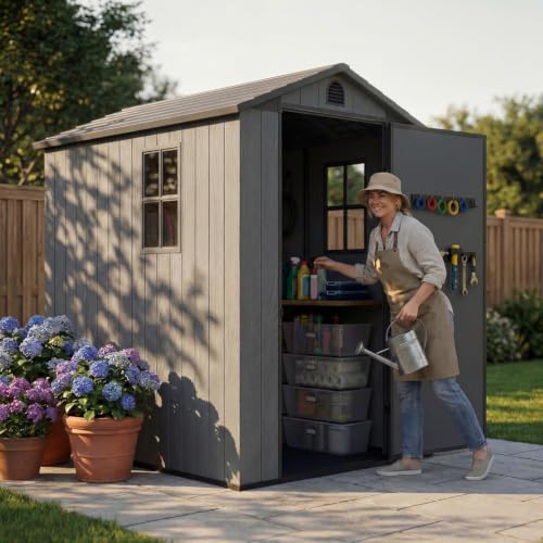 Image of Devoko 4x6 FT Resin Storage Sheds with Floor, Plastic Outdoor Garden Shed with Windows and Lockable Doors, Waterproof Outside Tool Sheds for Patio Backyard Lawn, Dark Gray