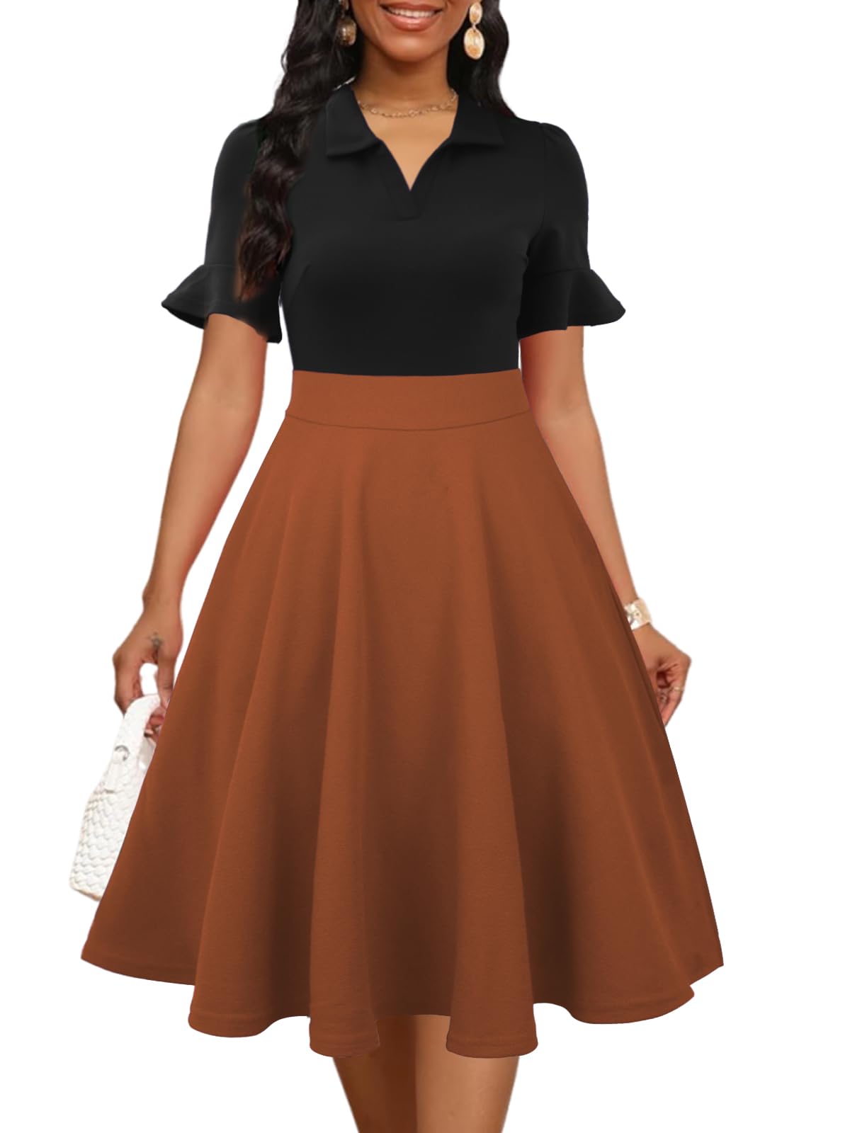 Mokayee Womens Summer Ruffle Sleeve Collared V Neck Fit and Flare Elegant A line Swing Dresses with Pockets
