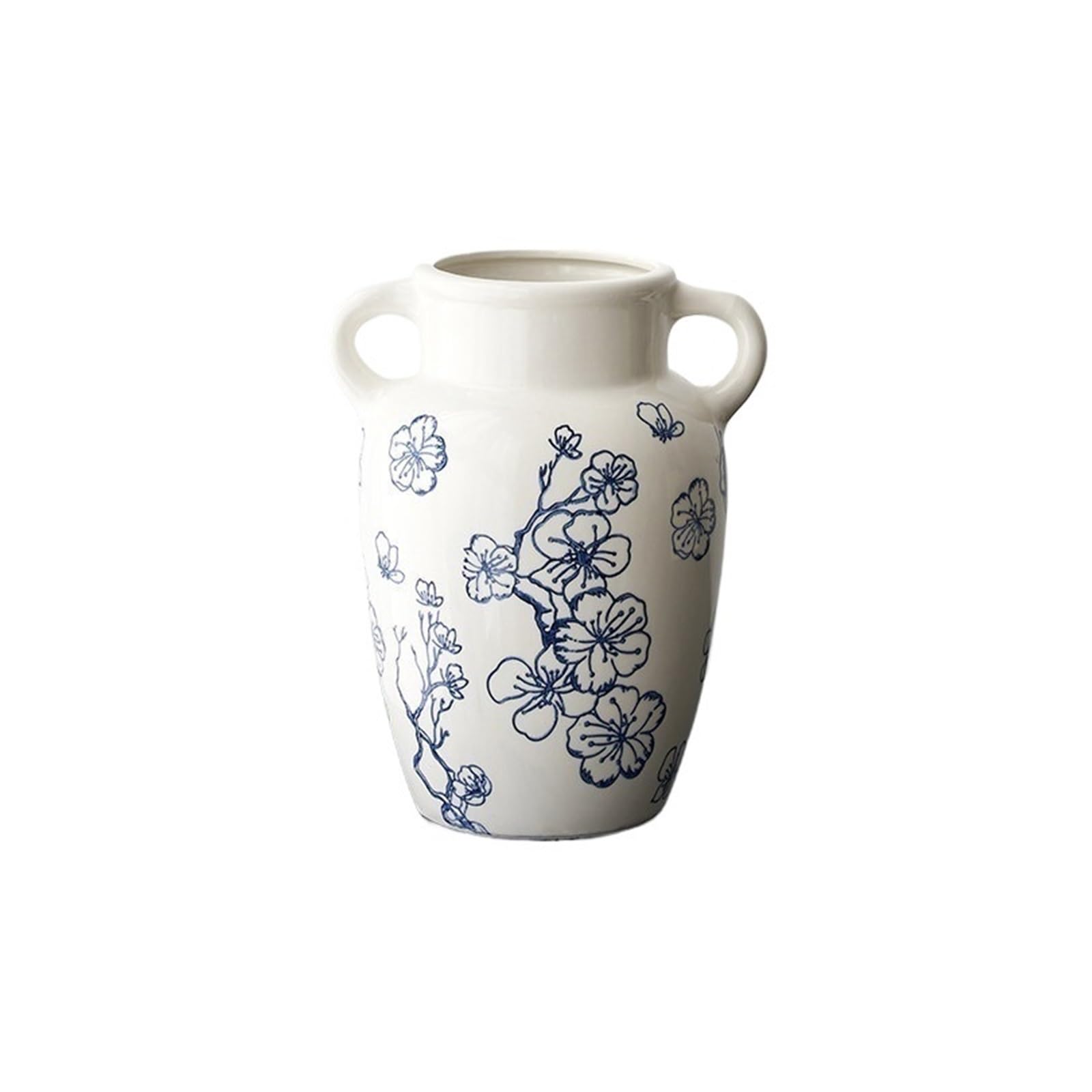 guiling-1986 Vases Decor Retro Blue Outline Plum Flower Ceramic Vases Short Wide Mouth Accent Vase for Living Room Cabinet Flower Vases