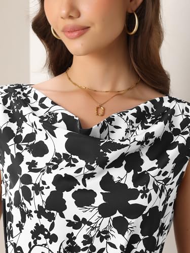 Image of Allegra K Elegant Floral Dress for Women's Vintage Cowl Neck Cap Sleeve Cocktail Tie Waist Shift Midi Dress