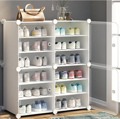 Image of AYSIS 𝟏𝟐 𝐒𝐡𝐞𝐥𝐟 DIY Shoe Rack Box Organizer | Multi-Purpose Plastic Shoe Rack for Home | Home Storage Shoe Rack with Door for Entryway, Chappal Slipper Sandals Shoe Stand【White, 12-Shelf-4-Door】