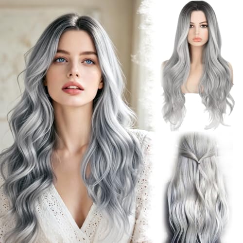 Perruques Longues Ondulée Gris pour Femme - 70cm Longues Perruques Grises avec Effet Cheveux Synthétiques Naturels, Perruque Femme Halloween Résistante à...