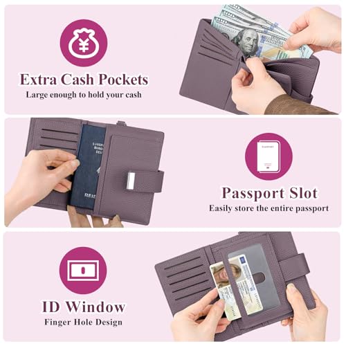 BKNOOU RFID Blocking Passport Holder with Airtag - Leather Travel Passport Wallet for Women, Slim Bifold Travel Passport Holder Holds Cards & Tickets & Cash (Light Purple)2