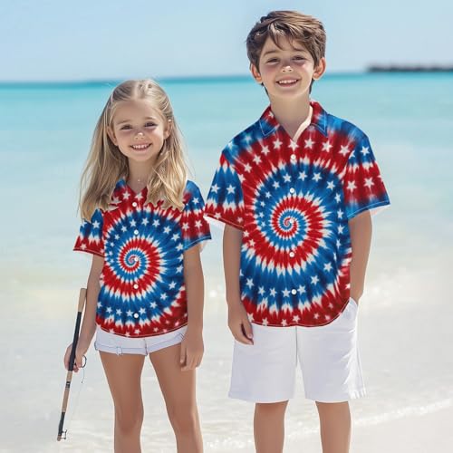 Image of Kids Tie-dye Hawaiian Shirt 80s Button Down Retro Short Sleeve Casual Beach Tropical Funny Party Outfits for Boys
