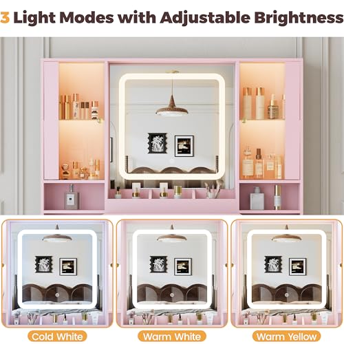 Image of BORNOON Vanity Desk with Mirror and Lights, Makeup Vanity with 7 Drawers, 2 Glass Door Cabinets, Charging Station, Adjustable Shelves, RGB Lighting, Holder