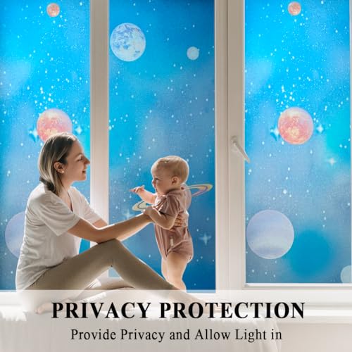 Mikomer Blue Window Privacy Film Stained Glass Door Film Decorative Galaxy Planet Window Cling Uv Blocking Non-Adhesive Window Covering Stickers Tints For Kids Bedroom,17.5 Inches By 78.7 Inches thumb #1