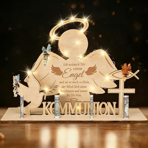 Kommunion Geschenke für Mädchen Junge Holz Konfirmation Geschenk Kommunion Mädchen Junge mit Weiß LED Lichterkette Geldgeschenke Kommunion Konfirmation Taufgeschenke für Mädchen Kommunionsgeschenke