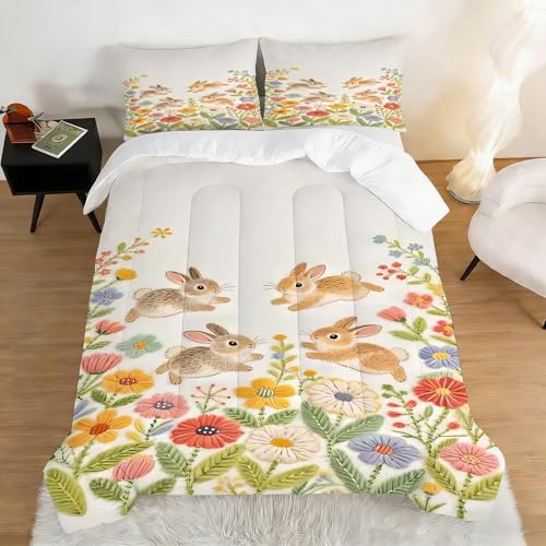 Image of Floral Rabbit Comforter Set Queen Size Cartoon Flower Bunny Bedding Sets for Kids Teens Boys Girls Bedroom Cute Animal Quilt 1 Comforter 2 Pillowcases
