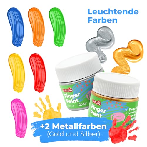colozoo Fingerfarben Kinder Ungiftig Set inkl. Malzubehör | 8x100ml inkl. Gold & Silber | Fingerfarbe Paraben-, Gluten- & Laktosefrei, auf Wasserbasis, Vegan | Leicht zu reinigen