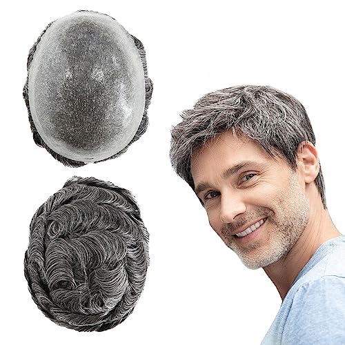 HAIR NATURE Mens Wigs Human Hair, Hair Systems for Men, Real Hair Units Poly Skin Hairpieces Scalloped Front #1B50