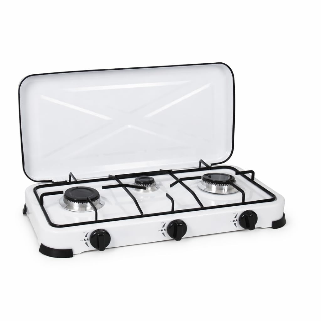 Cocina de Gas Portátil – Quemador de Alta Potencia para Camping, Jardín o Exterior | Fácil de Limpiar | Ideal para Acampadas, Picnic y Autocaravana (3 fuegos)