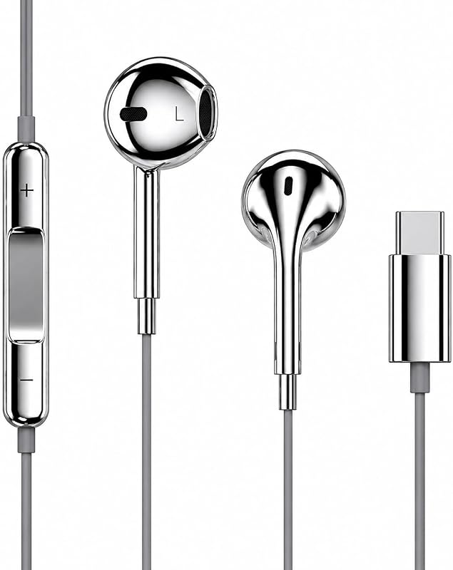 Earbud Headphones - Wired Connection High-Fidelity Earbuds - Silver Color Chrome Finish - USB Type C - Compatible with Devices Featuring USB Type C Ports