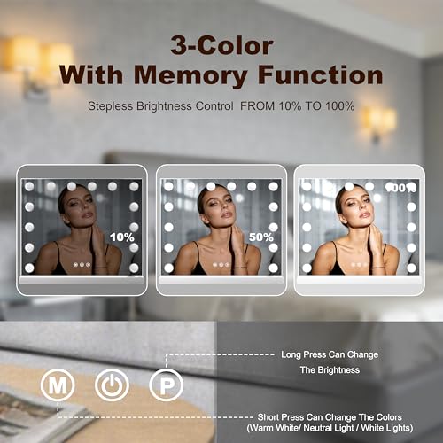 SURFOU Hollywood Schminktischspiegel mit Beleuchtung, Schminkspiegel 14 LED-Lichter mit 3 Farbtemperaturen Licht, dimmbarer Kosmetikspiegel mit Ladeanschlüssen, Touch Control, 50 x 42 cm (Weiß)