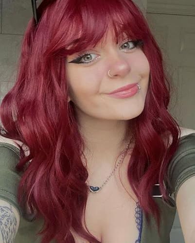 LEMEIZ Burgundy Wigs with Fringe, Wavy Curly Afro Bangs Wigs, Synthetic Hair Wig with Bangs, Dark Red Wigs, 18 inch LEMEIZ-205 Cover