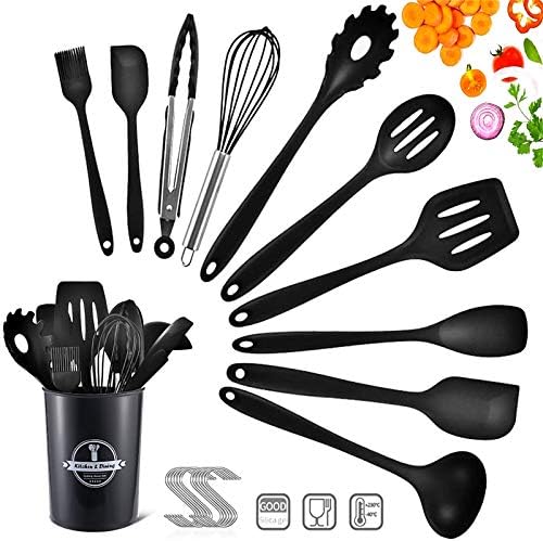 BEYAOBN Utensili da Cucina in Silicone da 22 Pezzi, Utensili da Cucina in Silicone Resistenti al Calore, Utensili da Cucina antiaderenti da Cucina 10 Set Ganci da 12 S-Nero