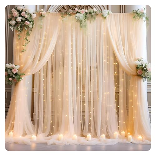Image of Shimmers 3 Pcs White Net Curtain Backdrop Set with Ribbon & 3 Hooks - Sheer Fabric Drapes for Wedding Decoration, Birthday Party, Baby Shower, Stage Decor, Photo Booth Background Setup