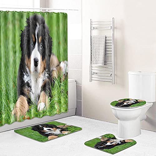 ZDDWLDL 3D Gedruckter Duschvorhänge Set Grünes Gras, Schwarzer Tierhund Duschvorhang Set 4 Stück Badezimmer Dekor…