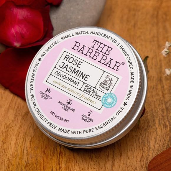 Image of The Bare Bar Rose Jasmine Deodorant - 50 gm | Floral Fragrance| Odor & Sweat Control | Natural formula and Chemical free| Good for all skin types | Travel Mini Size Solid Deodorant for Men & Women