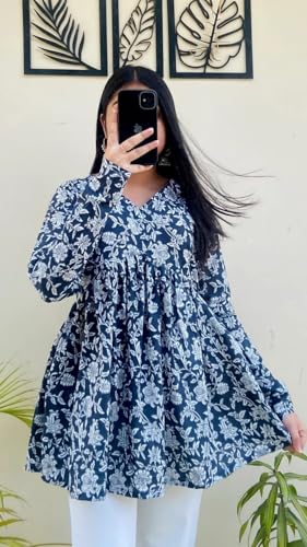 Image of Women's Rayon Floral Printed A-Line Tunic Top | Stylish Casual Wear | V-Neck Long Sleeve Kurti Top