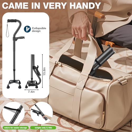 Walking Canes for Women & Men, Adjustable Folding Quad Cane, Heavy Duty Walking Sticks Canes for Seniors Balance,Collapsible, Lightweight Self Standing Cane with 2nd Handle and 4-Pronged Base - Image 6