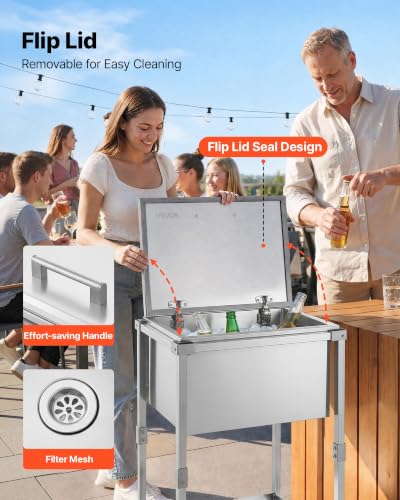 Image of VEVOR Commercial Ice Bin, Underbar Ice Bin, Stainless Steel Ice Chest with Sliding Lid, Bottle Holders, Adjustable Bullet Feet, Cooler Cart Cocktail Unit for Bar Restaurant Pub