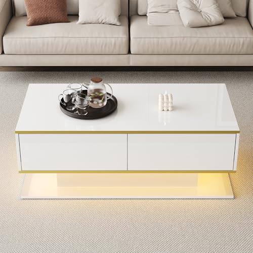 Merax Moderner LED Couchtisch, Wohnzimmertisch mit Stauraum, Beistelltisch Hochglanz-Weiss mit Goldverzierung, 3 Schubladen und 1 offenen Fach, Weiß+Gold, 110x55x40 cm Merax Moderner LED Couchtisch, Wohnzimmertisch mit Stauraum, Beistelltisch Hochglanz-Weiss mit Goldverzierung, 3 Schubladen und 1 offenen Fach, Weiß+Gold, 110x55x40 cm