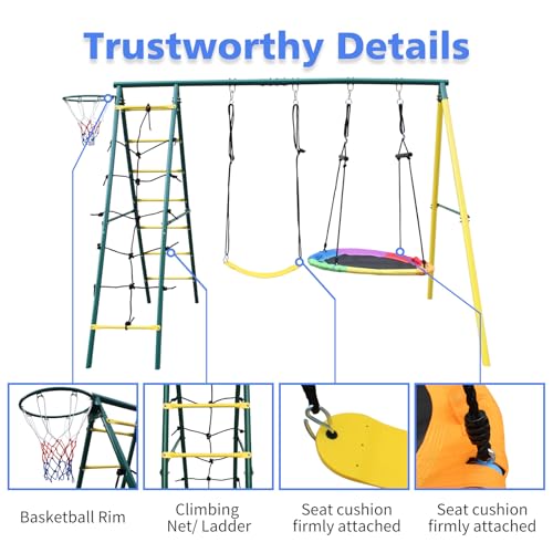 MAKELEN 5 in 1 Swing Set and Climbing Ladder for Kids Backyard Outdoor A-Frame Heavy-Duty Metal Swing Sets with Basket