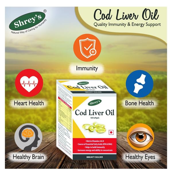 Image of Shrey's Cod Liver Oil | Vitamins A & D | Boost Immunity | Increase Energy Level | Supports Healthy Heart | Maintain Healthy Brain and Vision Health - 100 Capsules (Immunity Booster) (Pack of 1)