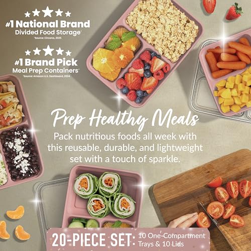Bentgo Prep - 20-Piece 3-Compartment Reusable Meal Prep Containers with Lids, PFAS & BPA Free Materials, Durable, Microwave, Freezer, & Dishwasher Safe To Go Food Storage (Rosette Glitter) - Image 3
