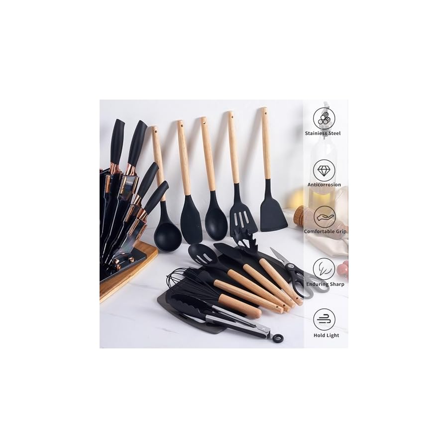 Cooking-Utensils-Set-19-Pieces-Silicone-Kitchen-Utensil-Set-with-Holder-Super-Sharp-Stainless-Steel-Kitchen-Knife-Set-and-Kitchen-Tool-Set-Home-Kitchen-Accessories-Cookware-Set-Black Cooking Utensils Set, 19 Pieces Silicone Kitchen Utensil Set with Holder Super Sharp Stainless Steel Kitchen Knife Set and Kitchen Tool Set, Home & Kitchen Accessories Cookware Set (Black)