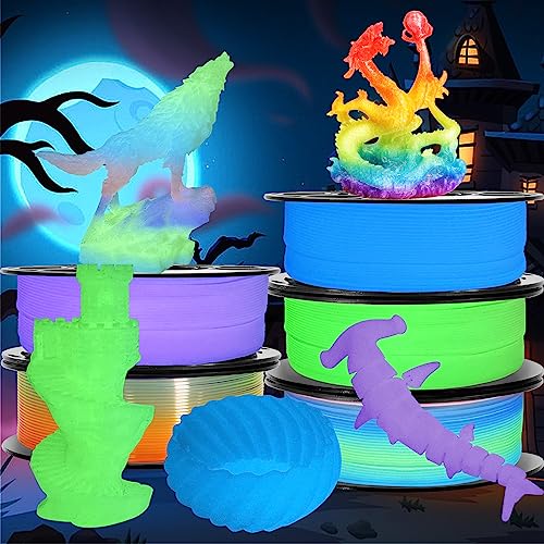 Image of 1.75mm PLA 3D Printer Filament Bundle: Glow in Dark Green /Blue /Purple /Rainbow, One Spool Clear Multi Colored, Each Spool 250g, Total 1.25Kg 3D Printing Material, 250g x 5 Spools Glow in Dark PLA